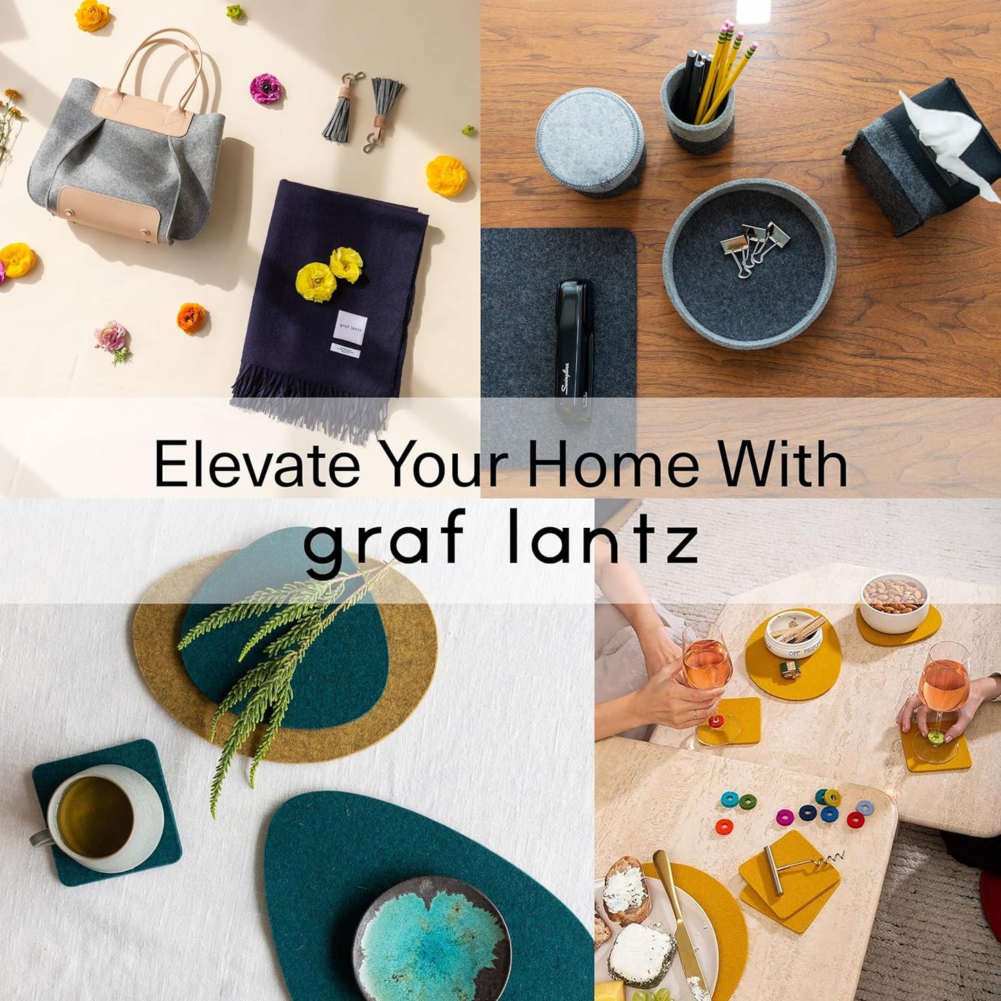 Graf Lantz - Bierfilzl Merino Wool Square Coasters Set of 4 - Ikebana (4"x4"x5mm) - Absorbs 30% of Weight - Natural German Wool - Heat Resistant, Sustainable, Reusable - Home Decor, Coffee Table Decor