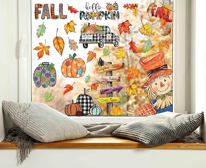 Fall Window Clings Decorations for Glass Fall Watercolor Pumpkin Maple Leaves Scarecrow Truck Window Stickers for Autumn Thanksgiving Harvest Party Home Window Decals Decor