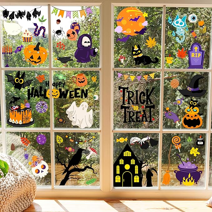 Halloween Window Clings - Halloween Decorations Static Window Stickers for Glass, Removable Large Double-Sided Window Decals for Indoor Home Decor, Bat Fall Cute Party Gift, 65 PCS/9 Sheet