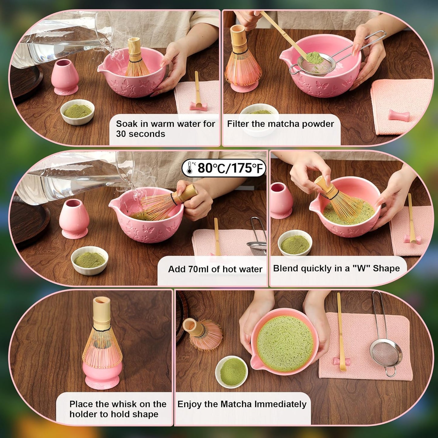 Matcha Whisk Set 7 PCS Matcha Bowl, Matcha Whisk and Holder, Bamboo Scoop and Scoop Rest, Stainless Sifter and Tea Towel Ceramic Matcha Set Japanese Matcha Kit for Matcha Lovers Pink