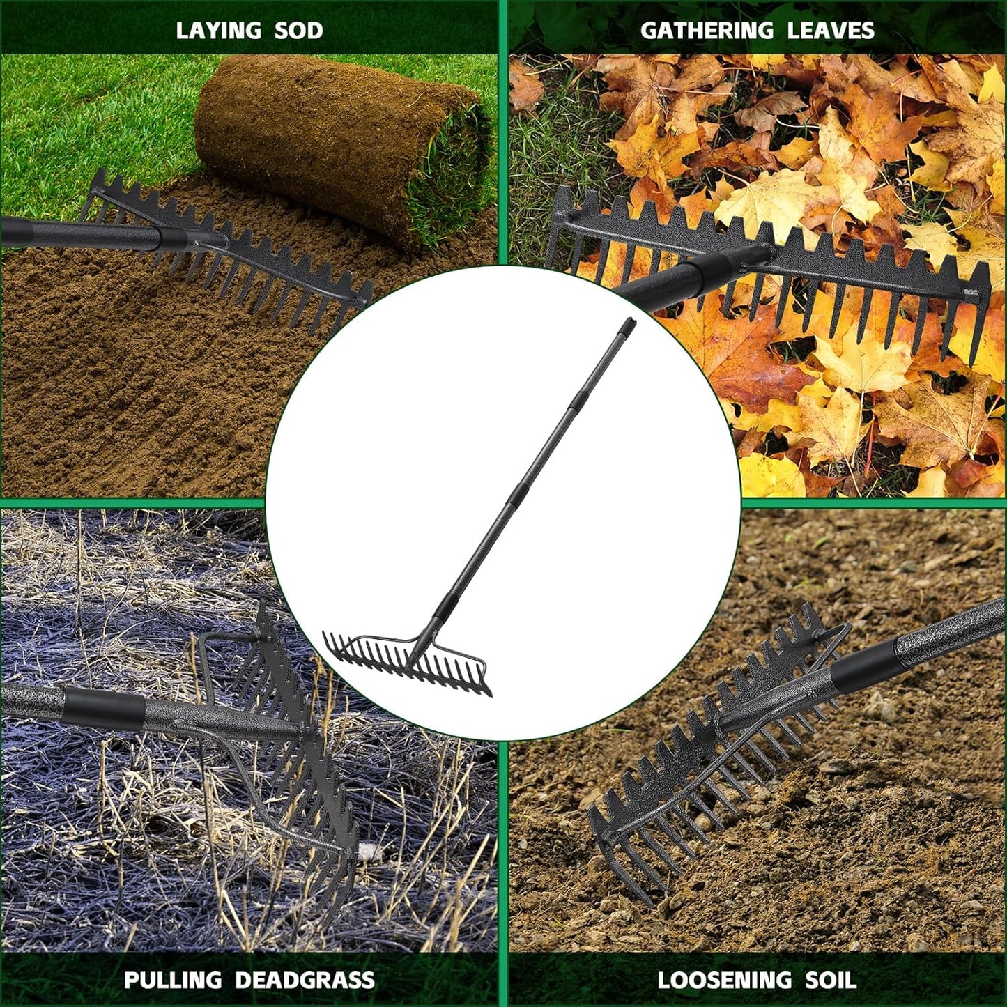 63'' Bow Rake ,17 Tines Metal Head Rakes with Stainless Steel Handle,Heavy Duty Garden Rake for Loosening Soil Gathering Leaf Leveling Lawn Farming Land Management Yarn Thatch Rake