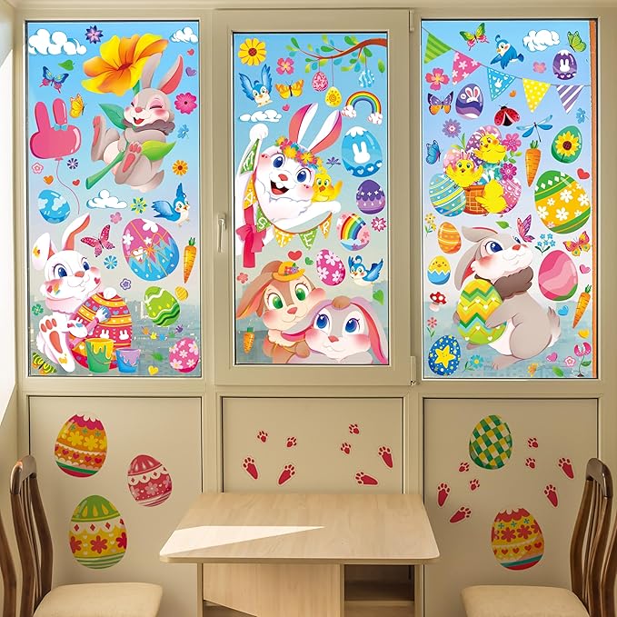 Large Easter Window Clings - Bunny Window Stickers Decals for Glass Windows, Cute Easter Egg Double Sided Reusable Window Holiday Decorations, Bird Office Spring Patry Decor, 9Sheet/121PCS