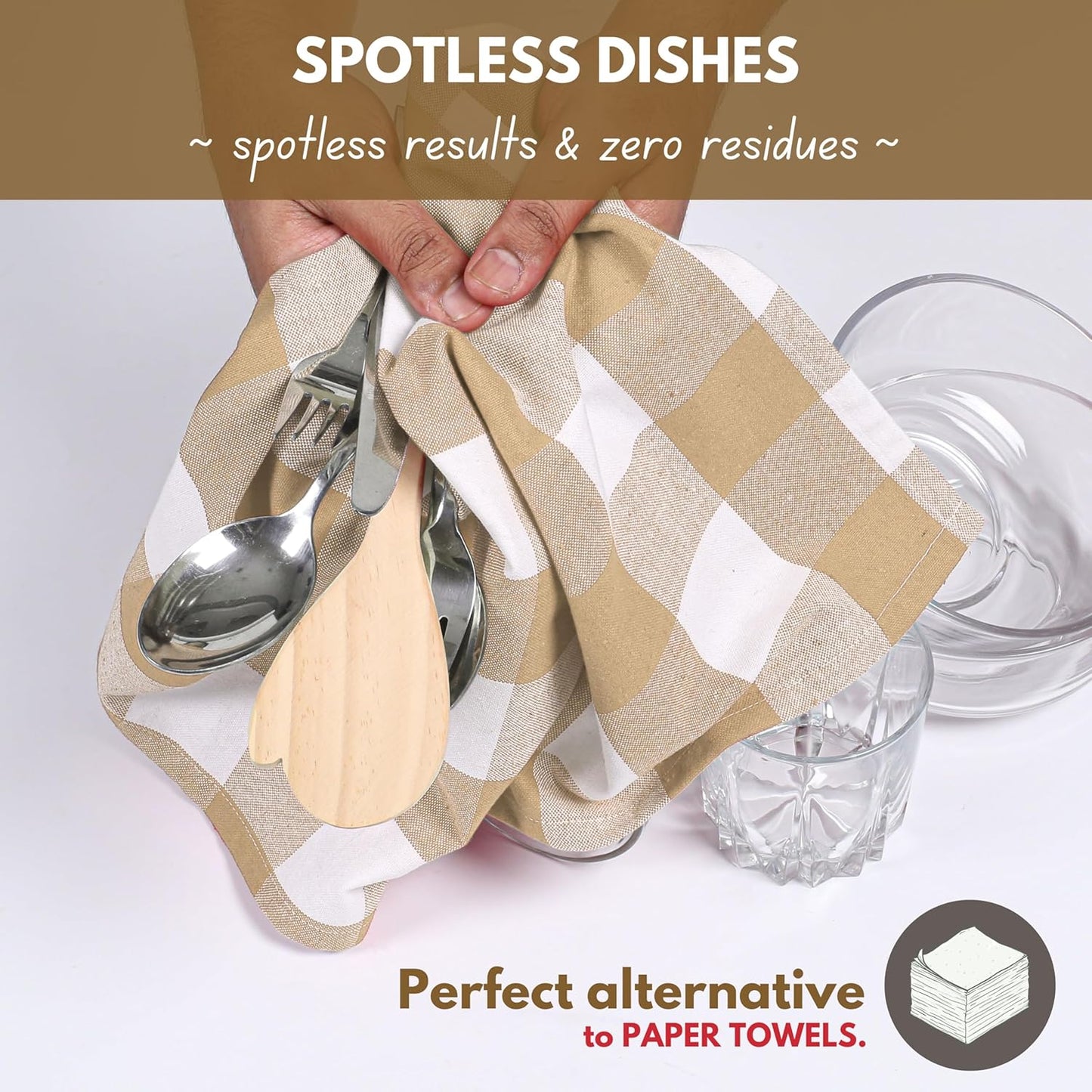 Native Fab 6 Pack Buffalo Check Kitchen Towels16 x26 - Cotton Dish Towels Washable - Absorbent Tea Towels, Soft Hand Towel with Hanging Loop, Dish Cloth Set - Beige White