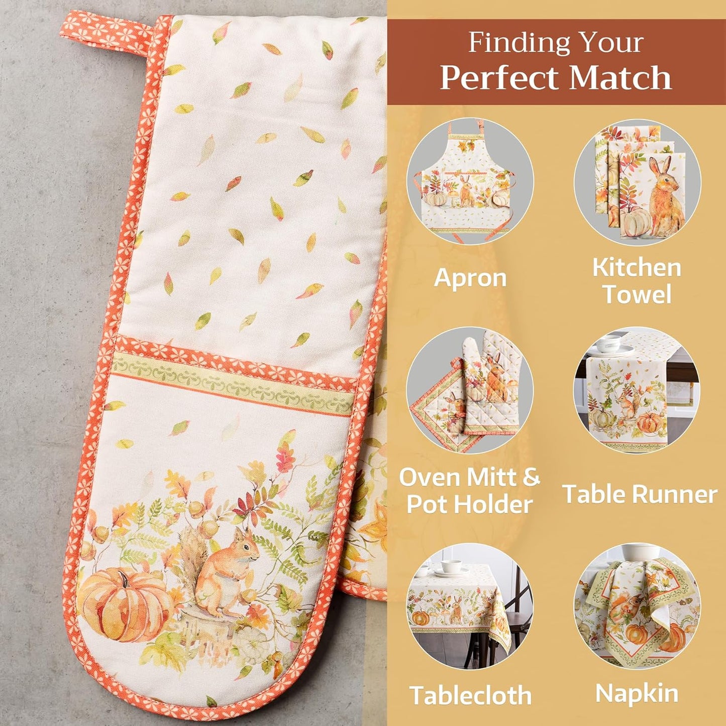 Maison d' Hermine Double Oven Mitts 100% Cotton 7"x35" Double Oven Mitt Heat Resistant BBQ Cooking Gloves with Loop, Baking, Grilling, Home, Kitchen, Handling Hot Pans (Pumpkin Passion)