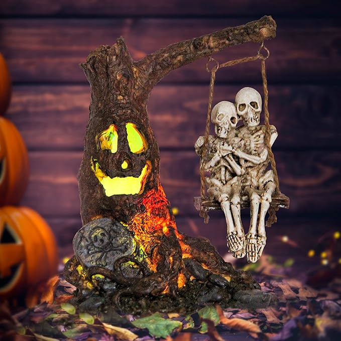 Halloween Skull Statue with Spooky LED Light for Holiday Decorations, Halloween Decor with Romantic Skeleton Couple on Swing Tombstone Tree, Grinning Skull Decor Props Haunted Collectible Gift