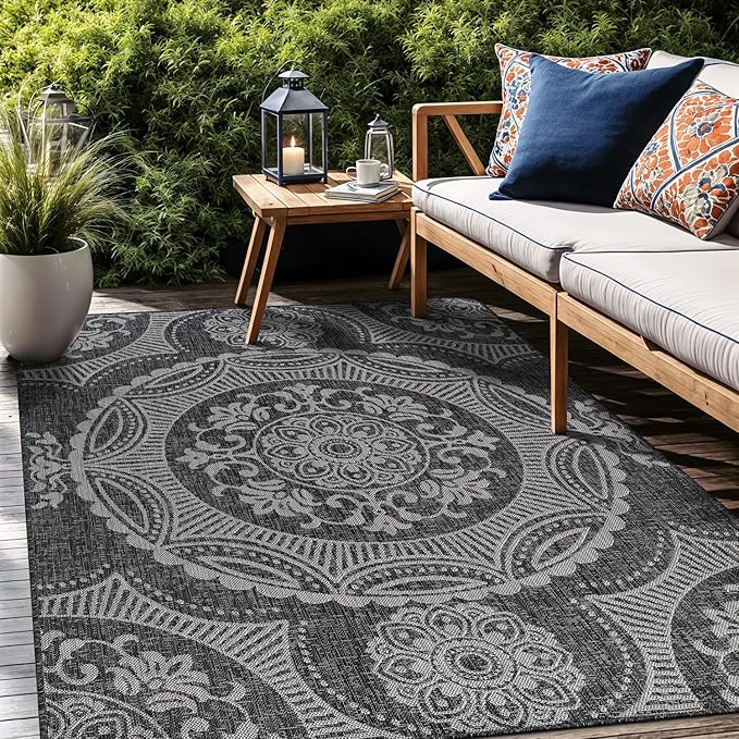 Medallion Outdoor Rug 10x14 Washable Outside Carpet for Indoor Patio Porch Waterproof Easy Cleaning Non Shedding Area Rugs Dark Gray 10 x 14