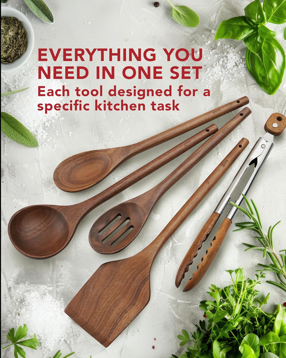 Elegant 5-Piece Walnut Wood Kitchen Utensil Set – Non-Scratch, Heat-Resistant Cooking Utensil Set with Kitchen Tongs, Spoons, Spatula & Ladle – Lightweight, Durable & Perfect for Daily Use or Gifting