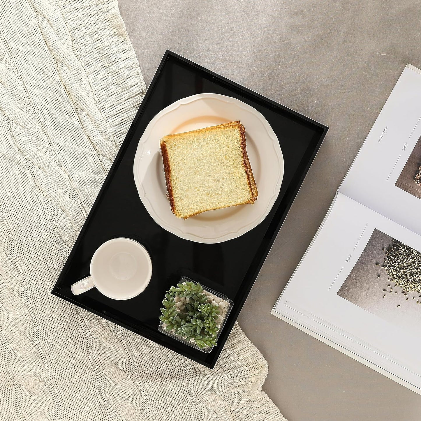 Glossy Black Sturdy Acrylic Serving Tray with Handles-12x20Inch-Serving Coffee,Appetizer,Breakfast,Butler-Kitchen Countertop Tray-Makeup Drawer Organizer-Vanity Table,Ottoman Tray-Decorative