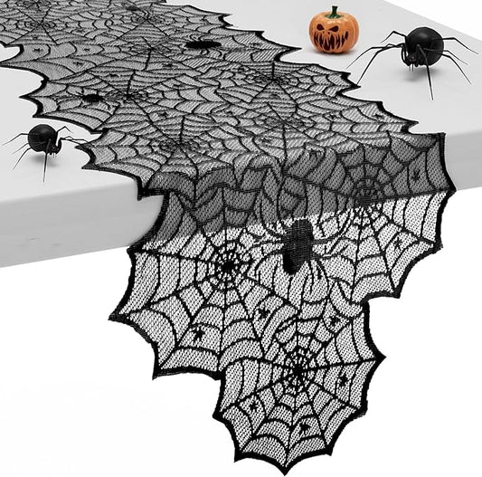 🕸️ Elegant Spooky Touch: Black Lace Halloween Table Runner