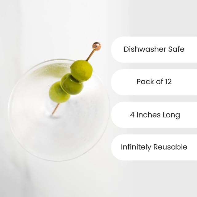 A Bar Above Gold Cocktail Picks, 12 Elegant Metal Skewers for Drink Garnishes, Appetizers, and Shrimp Cocktail, 8-Inch Reusable Stir Sticks for Bloody Marys, Old Fashioneds, and Charcuterie