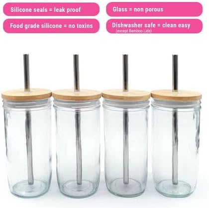 Elk and Friends Glass Mason Jars 24oz with Bamboo Straw Lids + Stainless Steel Straws | Smoothie + Iced Coffee + Bubble Tea Cups | Glass Cups with Lids and Straws