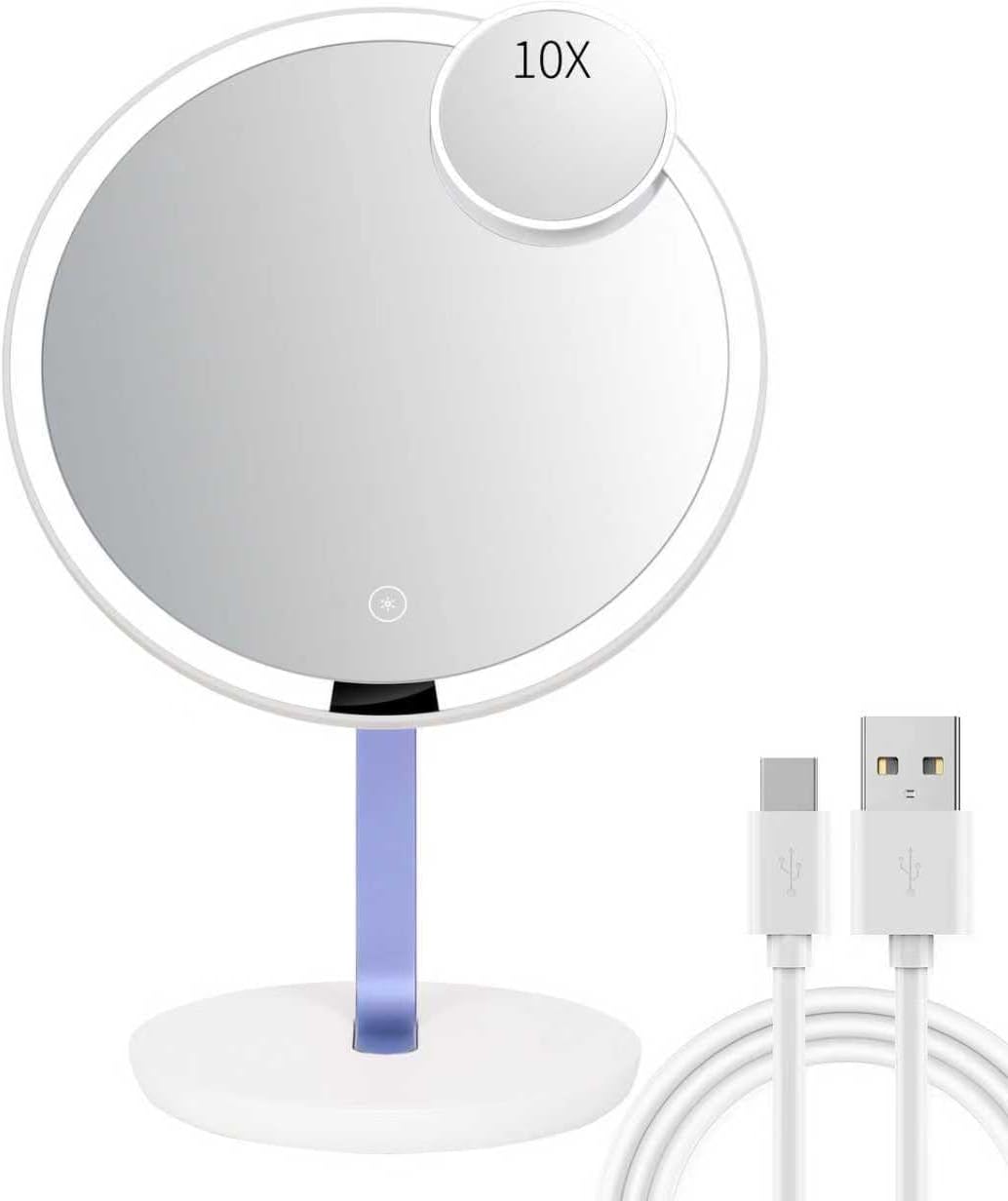 9.65-inch Lighting Makeup Mirror, 1x / 10x,Touch Control,3-Color Adjustable,Metal Stand,up and Down Adjustable Makeup Mirror, High Color Rendering, Eye-Protecting Light Source,Ultramarine