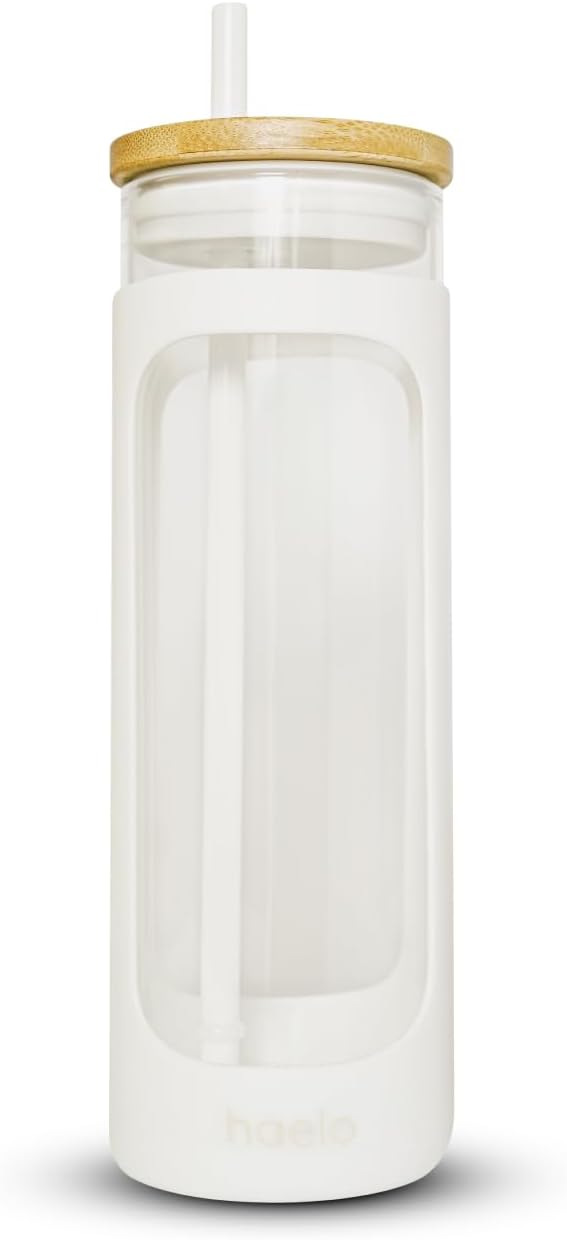 haelo 20oz Glass Tumbler Water Bottle, Iced Coffee Cup with Straw, Silicone Protective Sleeve, Bamboo Lid Reusable BPA Free (White)