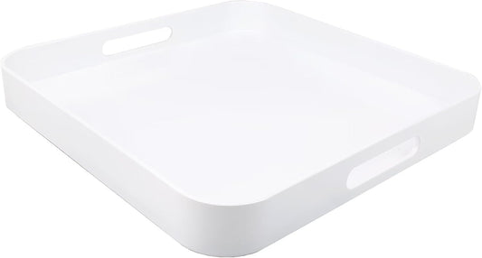 Square White Decorative Serving Tray with Handles, Versatile Ottoman Tray for Coffee Table, Entertaining, Outdoor Patio, Living Room, 13”*13”*1.6”