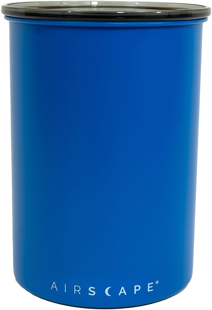 Planetary Design Airscape Stainless Steel Coffee Canister | Food Storage Container | US Patented Airtight Lid | Push Out Excess Air Preserve Food Freshness (Medium, Matte Blue)