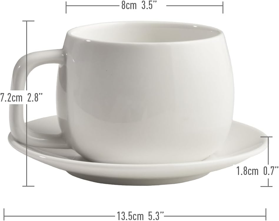 Porcelain Coffee Cup with Saucer 270ml/9oz, Minimalist Design, Perfect for Latte, Cappuccino, and Tea, White