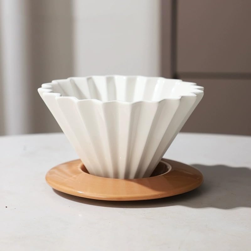 Ceramic Coffee Dripper Pour Over Coffee Maker with Wood Stand Elegant Flower Shape V60 Filter (white)