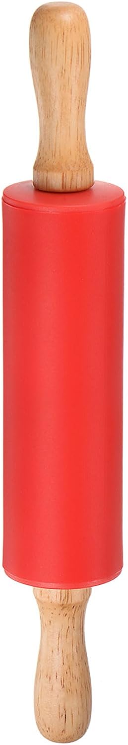 HARFINGTON Silicone Rolling Pins for Baking 12 Inch Wooden Handle Non Stick Rolling Pin Small Roller Playdough Rolling Pins for Dough Pizza Pastry Fondant Kitchen, Red