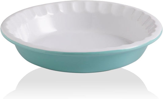Sweejar Ceramic 10.4 Inch Pie Pan, Deep Porcelain Round Dish, Non-Stick Baking Plate for Pumpkin and Apple Pies, Farmhouse Design (Turquoise)