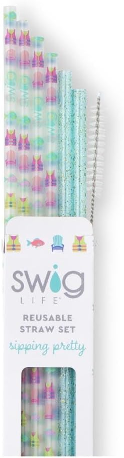 Swig Life Reusable Straws Lake Girl+ Aqua Glitter Tall Straw Set & Cleaning Brush, Each Straw is 10.25 inch Long (Fits Swig Life 20oz Tumblers, 22oz, and 32oz Tumblers)