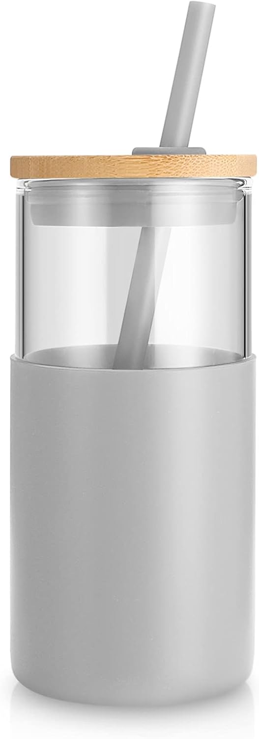 Tronco 16 oz Glass Tumbler with Straw and Bamboo Lid, Iced Coffee Cup Reusable, Smoothie Cups, Tumbler with Silicone Protective Sleeve - BPA Free
