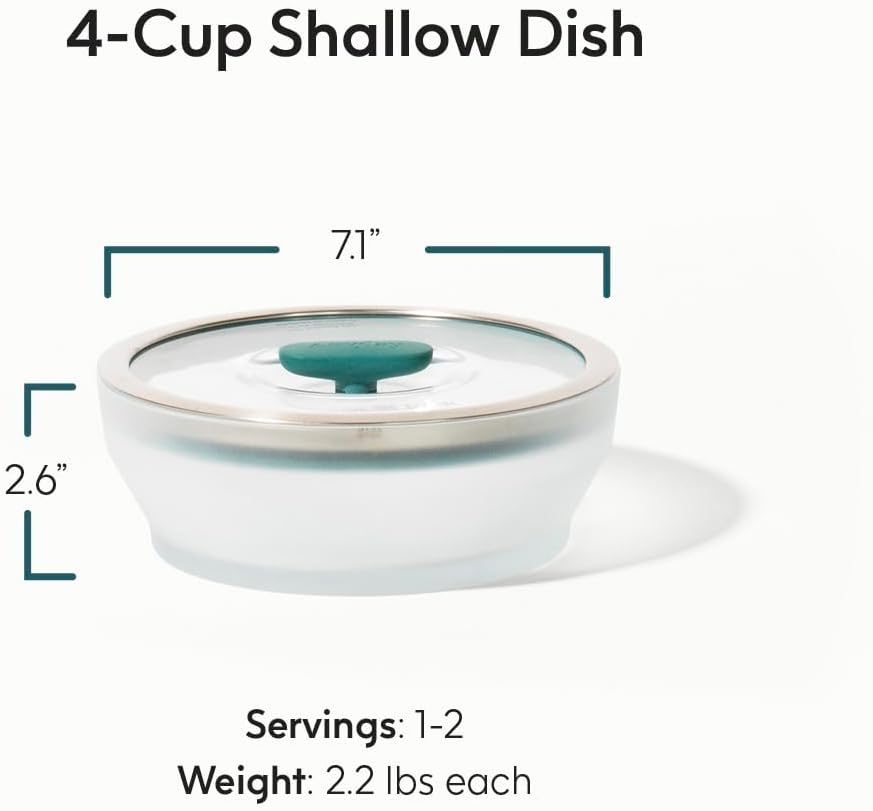 Anyday 4-Cup Microwave Cookware & Glass Container with Glass Lid, Plastic-Free Shallow Food Storage | Stackable Airtight Steamer with Vented Lid for Microwave-Safe Reheating, Steaming Vegetables
