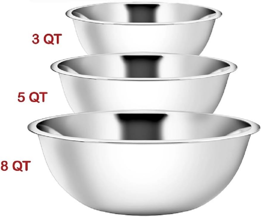 YBM HOME Stainless Steel Mixing Bowls (Set of 3) for Baking, Cooking, and Prepping, Includes 3, 5, 8 Quart, Stackable for Convenient Storage, 1174-75-76set