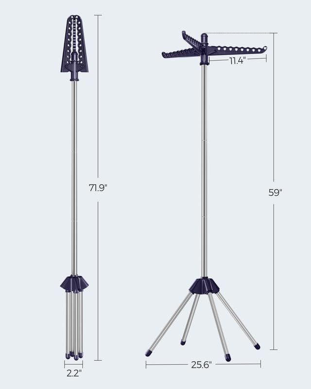 SONGMICS Clothes Drying Rack, 59-Inch Folding Laundry Drying Rack with 3 Rotatable Arms for Hangers, 4 Legs, Stainless Steel, for 27 Pieces of Clothes, Blue and Silver ULLR510Q01