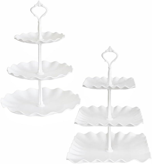 2 Set of 3-Tier Plastic Cupcake Stand Dessert Plates Mini Cakes Fruit Candy Display Tower White for Birthday Tea Party Baby Shower Serving Tray
