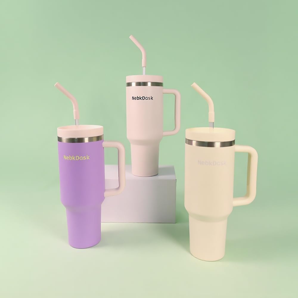 40 oz Water Bottle with Handle & Straw – Insulated Stainless Steel Bottle, Leakproof, Fits in Cup Holder – Reusable Cold Drink Thermos for Women & Men (Purple)