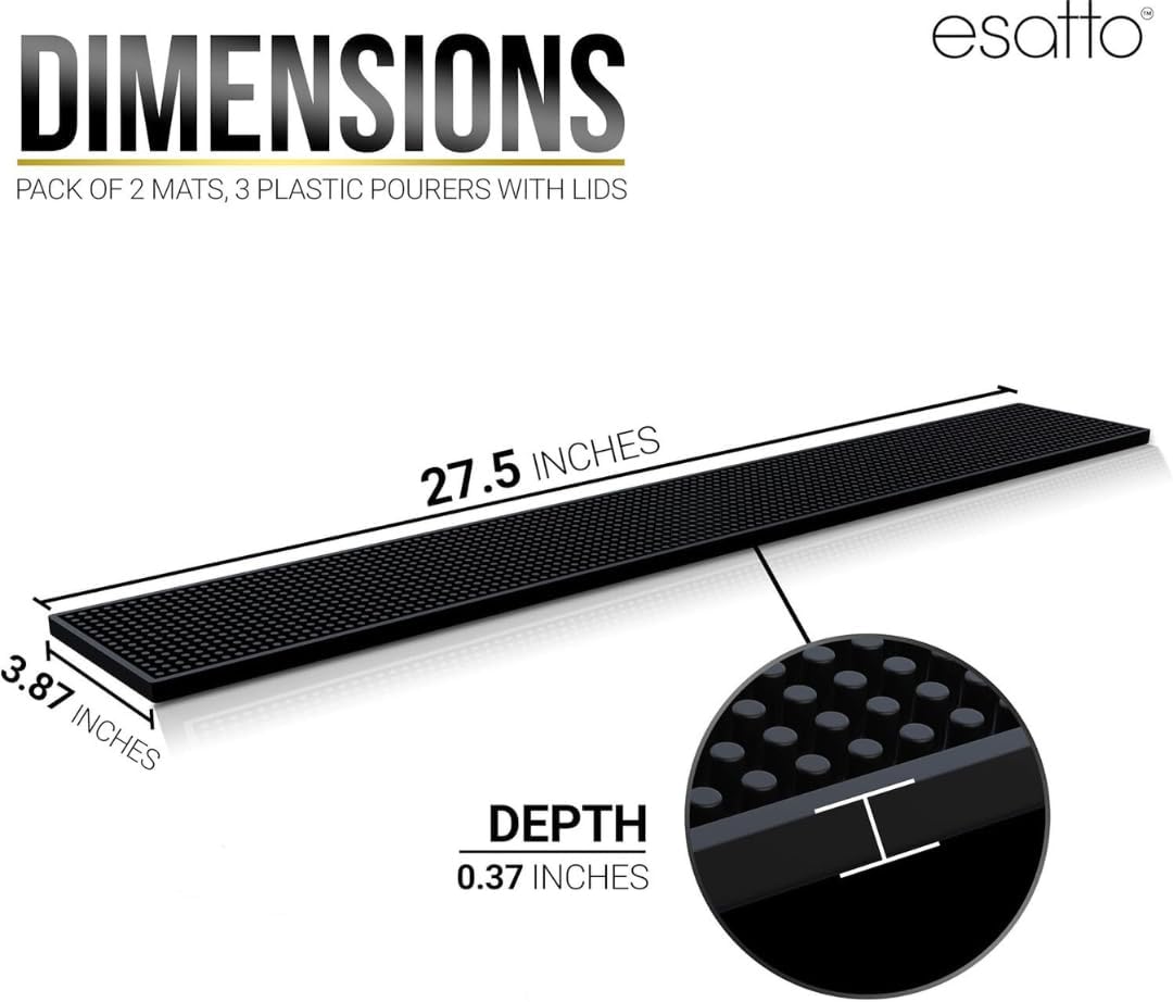Esatto 27.5” x 3.87” XL Professional Service Spill Bar Supply Mat Anti-Skid Bartender Mat Non-Slip Black Bar Mat for Coffee Drinks Mixing Pad for Bars, Home, Kitchen, Pubs, Restaurants (2 Pack, Black)