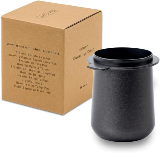 Crema Coffee Products 54mm Dosing Cup | Compatible with Breville Portafilters etc | Durable 100% Stainless Steel | Built-In Grinder Tab for Easy Transfer | Sleek, Mess-Free Design | Black Finish