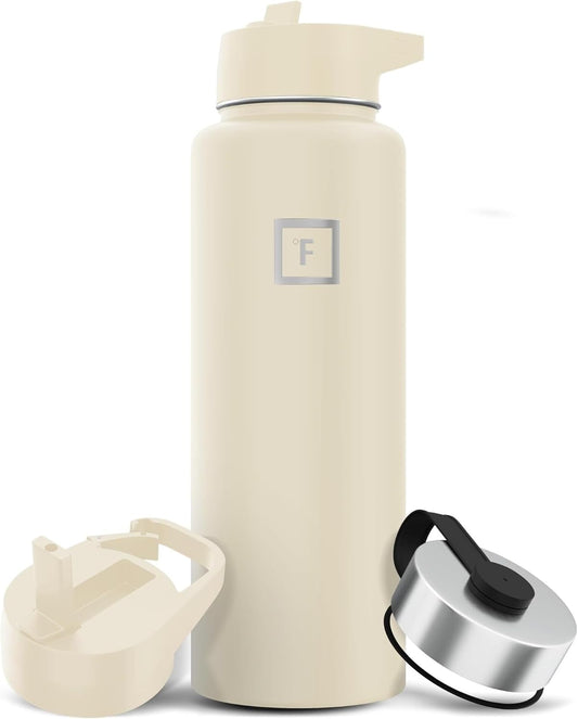IRON °FLASK Camping & Hiking Hydration Flask with 3 Lids - Stainless Steel, Double Walled & Vacuum Insulated Water Bottle - Leak Proof & BPA Free (Cashmere Cream, Straw - 40 oz)