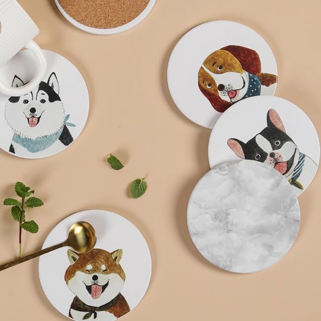 Cute Coasters for Desk Dog Themed Absorbent Ceramic Cup Coasters for Tabletop Protection, Ideal for Various Size Cups Outdoor or Indoor