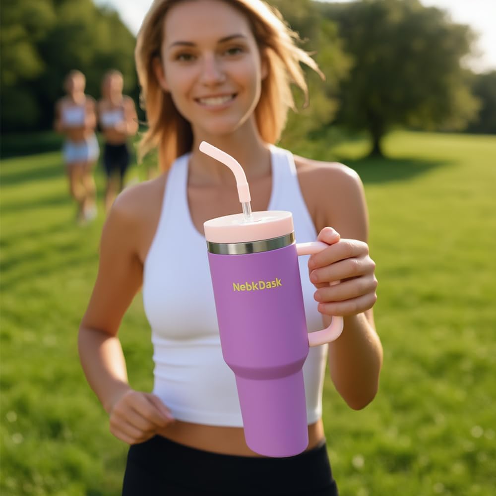 40 oz Water Bottle with Handle & Straw – Insulated Stainless Steel Bottle, Leakproof, Fits in Cup Holder – Reusable Cold Drink Thermos for Women & Men (Purple)