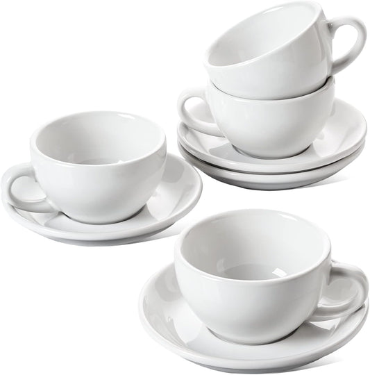 LE TAUCI 8 oz Cappuccino Cups with Saucers,Ceramic Large Coffee Cup for Au Lait, Double shot, Latte, Cafe Mocha, Tea - Set of 4, White