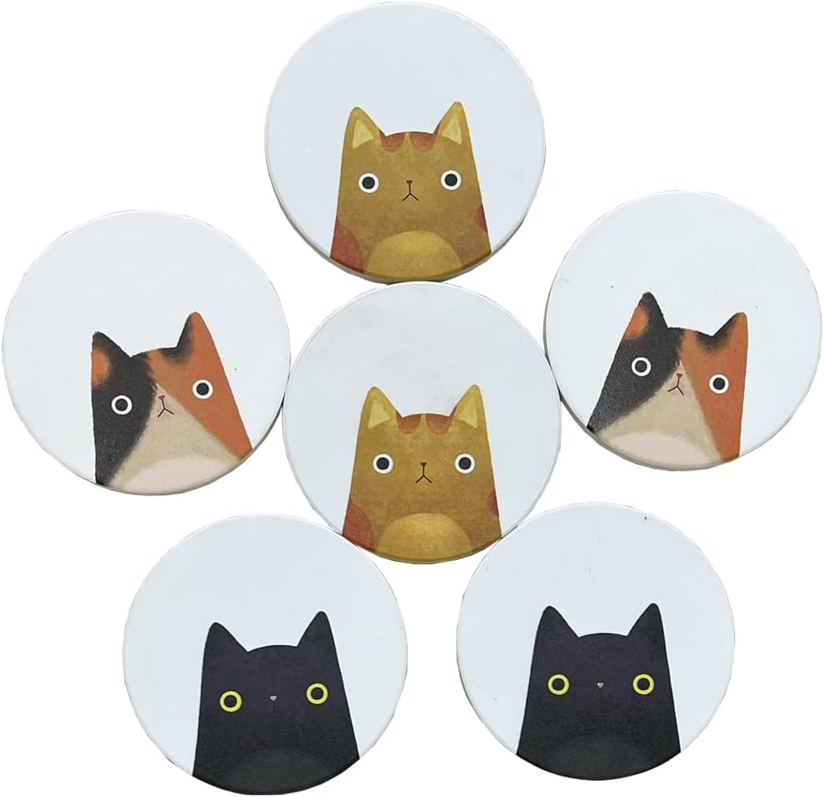 Coasters Set of 6 Round Ceramic Stone Absorbent Cute Cat Drinks Coasters for Cups and Mugs, Coffee Table, Office Desk, Outdoor Patio Table, Tabletop Surface Protection