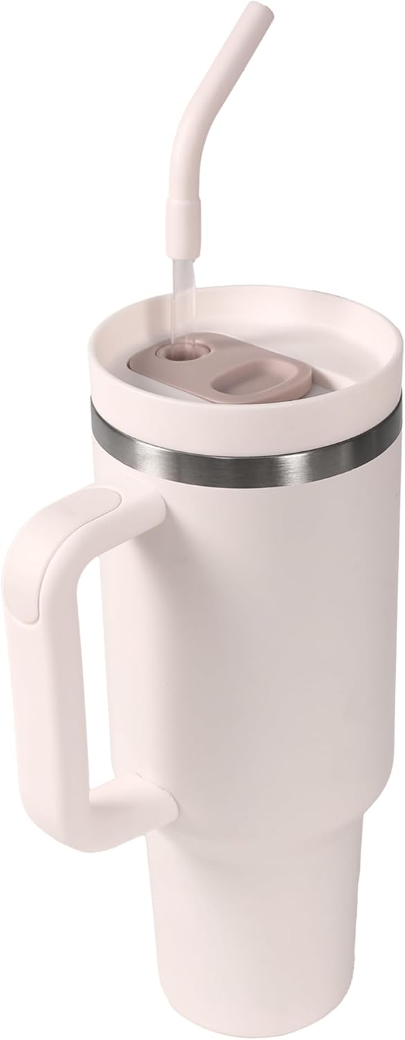 40 oz Water Bottle with Handle & Straw – Insulated Stainless Steel Bottle, Leakproof, Fits in Cup Holder – Reusable Cold Drink Thermos for Women & Men (Pink)