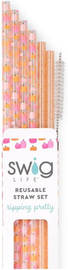 Swig Life Reusable Straws Pumpkins and Bows Tall Straw Set & Cleaning Brush, Each Straw is 10.25 inch Long (Fits Swig Life 20oz, 22oz, and 32oz Tumblers)