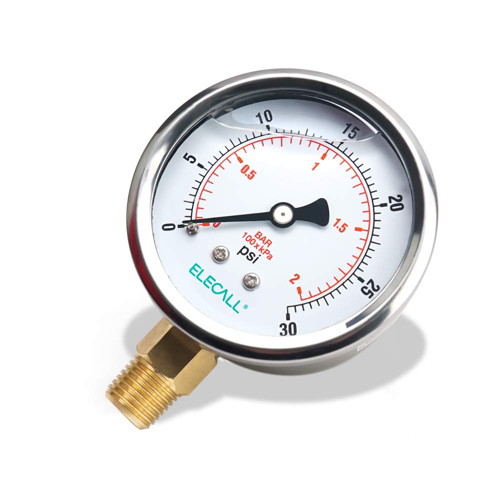 ELECALL 2-1/2” Glycerin Liquid Filled Air Pressure Gauge, 0-30Psi, 1/4”NPT Lower Mount, Stainless Steel Case, Brass Internals, Water Pressure Gauge