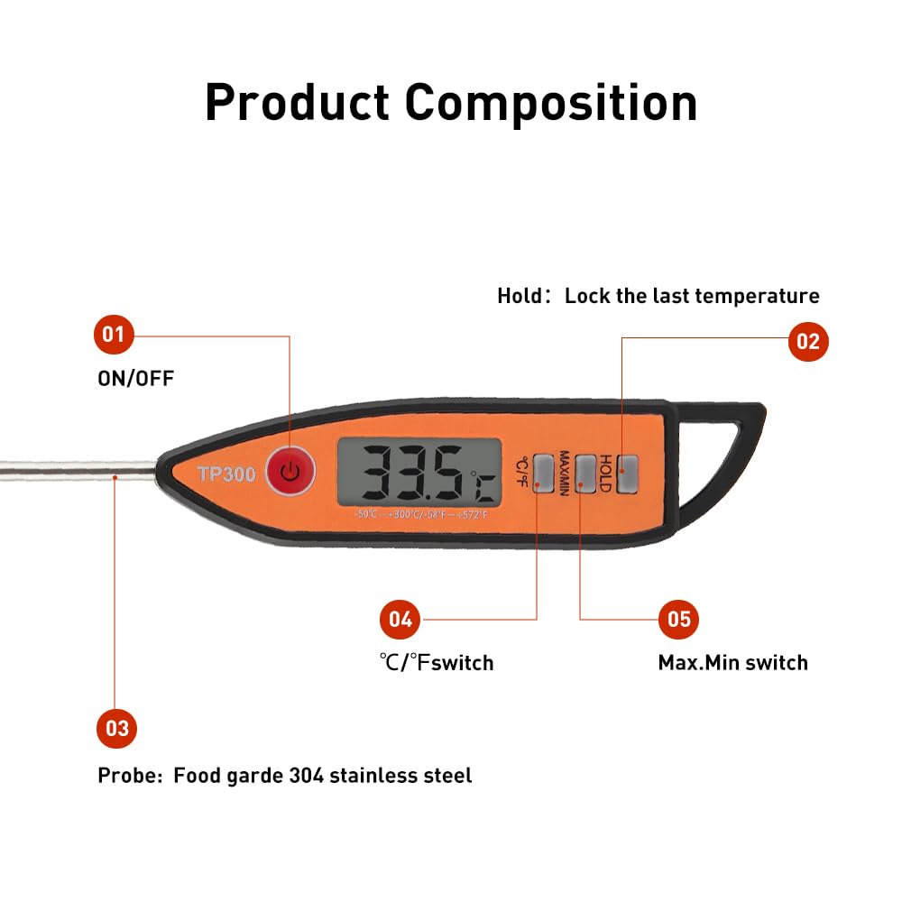 Wisebee Digital Meat Thermometer, Instant Read, ℃/℉ Switch, Long Stainless Steel Probe, Battery Powered, Food Thermometer for Cooking, Baking, Steak, Grilling and Frying (Orange)