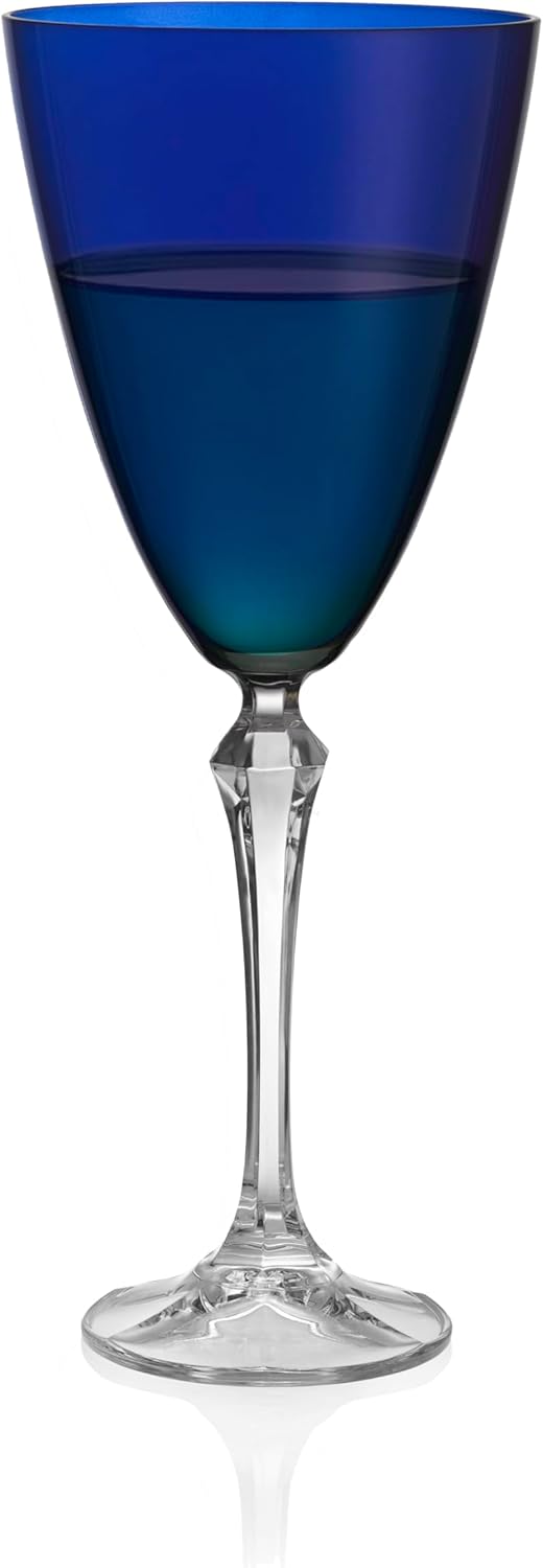 Barski Wine Glass - Set of 4 - Blue Colored Cup - for Water - White or Red Wine - 9 fl. Oz. - Clear Stem - Glasses - Made in Europe