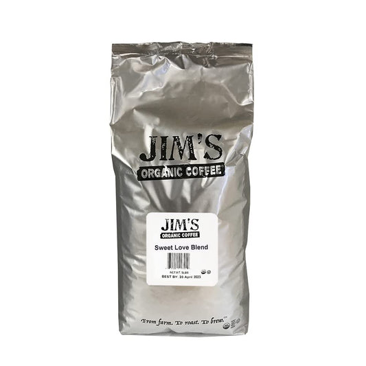 Jim’s Organic Coffee Sweet Love Blend, Dark Roast, Whole Bean, 5 Pound