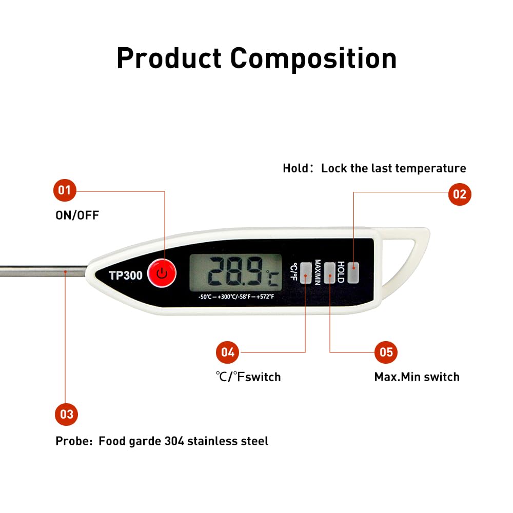 Wisebee Digital Meat Thermometer, Instant Read, ℃/℉ Switch, Long Stainless Steel Probe, Battery Powered, Food Thermometer for Cooking, Baking, Steak, Grilling and Frying (White)