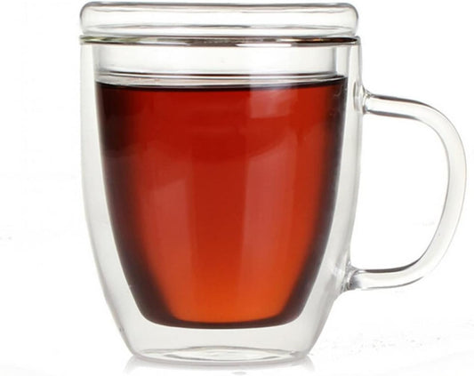 Insulated Espresso Cups - 16 oz Double Wall Glass Mugs With Handle and Lid - Cold & Heat Resistant - Perfect for Coffee, Tea, Milk, Wine