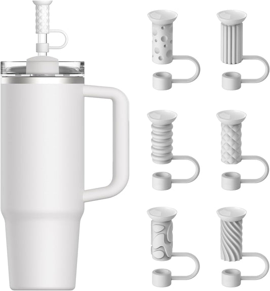 YOTIME Silicone Straw Covers Cap, 6 Pcs Reusable 0.39in/10mm Suction Cup Straw Toppers for Stanley Cup 40 30 oz, White