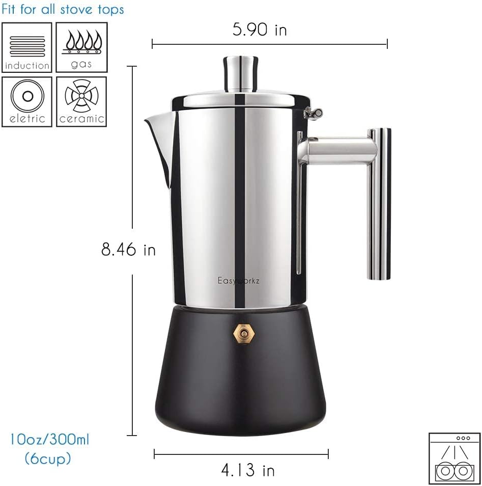 Easyworkz Diego Stovetop Espresso Maker Stainless Steel Italian Coffee Machine Maker 6Cup 10 oz Moka Pot Induction Espresso Pot