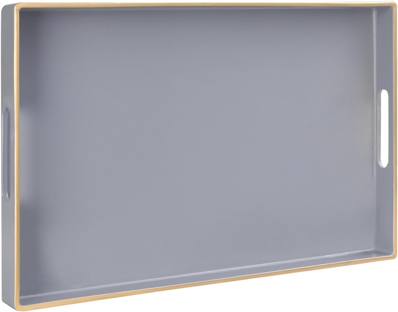 MAONAME Gray Serving Tray with Handles, Modern Grey Decorative Tray for Coffee Table, Plastic Rectangular Gray Trays for Ottoman, Bathroom, Decor, 15.8” x 10.2” x1.4