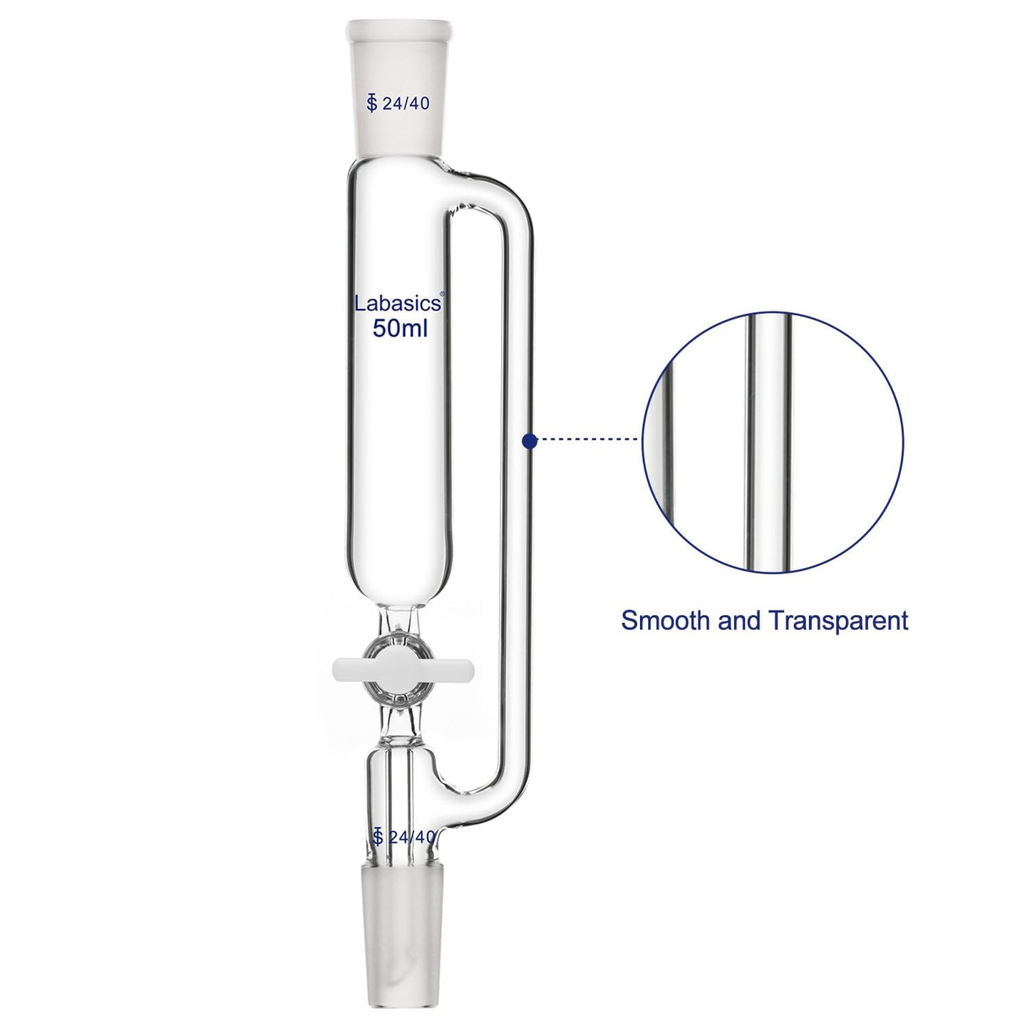 Labasics 50 ml Pressure Equalizing Addition Funnel, Borosilicate Glass Dropping Funnel 24/40 Joint with PTFE Stopcock for Laboratory