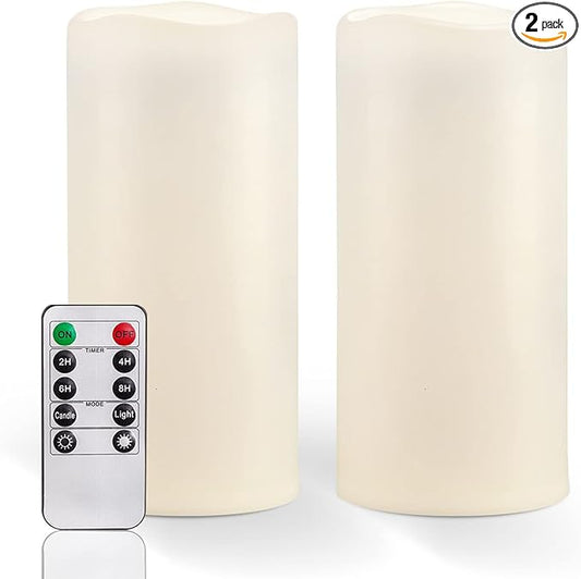 Homemory 8" x 4" Large Waterproof Outdoor Flameless Candles with Remote Control and Timer, Battery Operated Flickering LED Pillar Candles for Indoor Outdoor Lanterns, Porch, Long Lasting, Set of 2